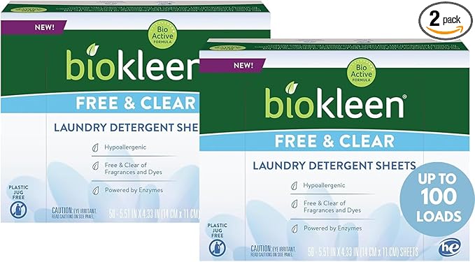 Biokleen Laundry Detergent Sheets (2 PACK) - Free & Clear From Fragrances and Dyes, Hypoallergenic Enzymatic Cleaning - 100 Sheets, 200 Loads-CubbioJoy