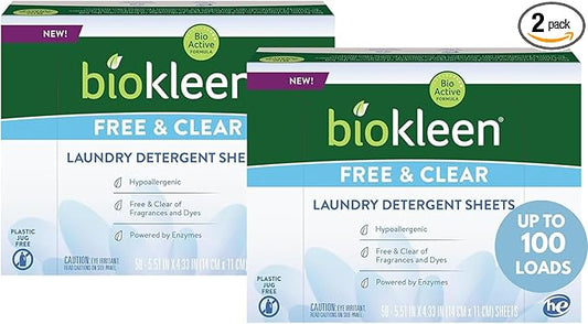 Biokleen Laundry Detergent Sheets (2 PACK) - Free & Clear From Fragrances and Dyes, Hypoallergenic Enzymatic Cleaning - 100 Sheets, 200 Loads-CubbioJoy