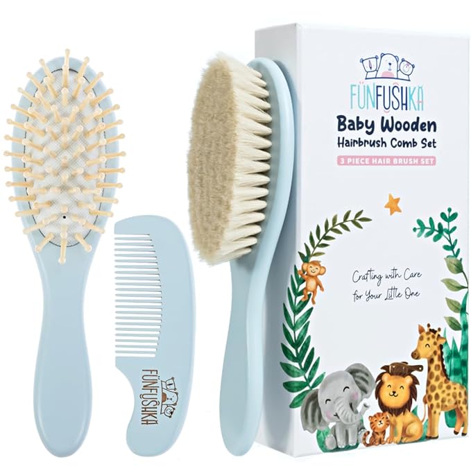 Baby Hair Brush Set for Newborns - Baby Brush and Comb Set - Ultra Soft Goat Hair Bristles, Perfect for Cradle Cap, Newborn Showers & Registries Gift, Comb Brush for Girls & Boys (Sky)-CubbioJoy