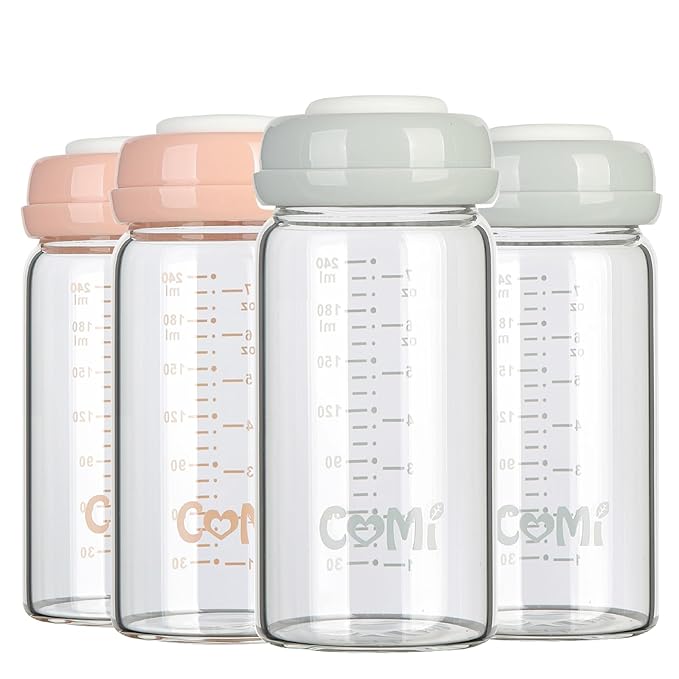 COMI Wide Neck Glass Breastmilk Collection n Storage Bottle, 4 Packs, 8oz with Screw Ring Sealing Disk; Re-markable Sealing Disc. BPA Free, Fits Breast Pumps & Nipples (2 Gray Lids + 2 Pink Lids)-CubbioJoy