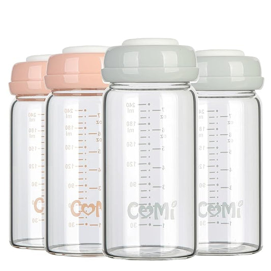 COMI Wide Neck Glass Breastmilk Collection n Storage Bottle, 4 Packs, 8oz with Screw Ring Sealing Disk; Re-markable Sealing Disc. BPA Free, Fits Breast Pumps & Nipples (2 Gray Lids + 2 Pink Lids)-CubbioJoy