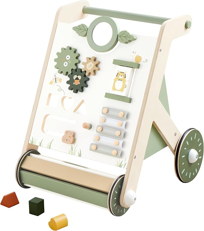 Beright Wooden Baby Walker with Roller Upgraded, Push and Pull Learning Activity Walker, Multi-Functional Kids’ Activity Toys, Develops Motor Skills & Stimulates Creativity, Green-CubbioJoy