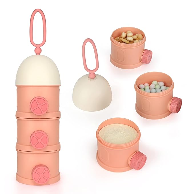 Accmor Formula Dispenser On The Go, 3 Layers Stackable Formula Container to Go, Non-Spill Portable Milk Powder Baby & Kids Snack Container, Pink-CubbioJoy