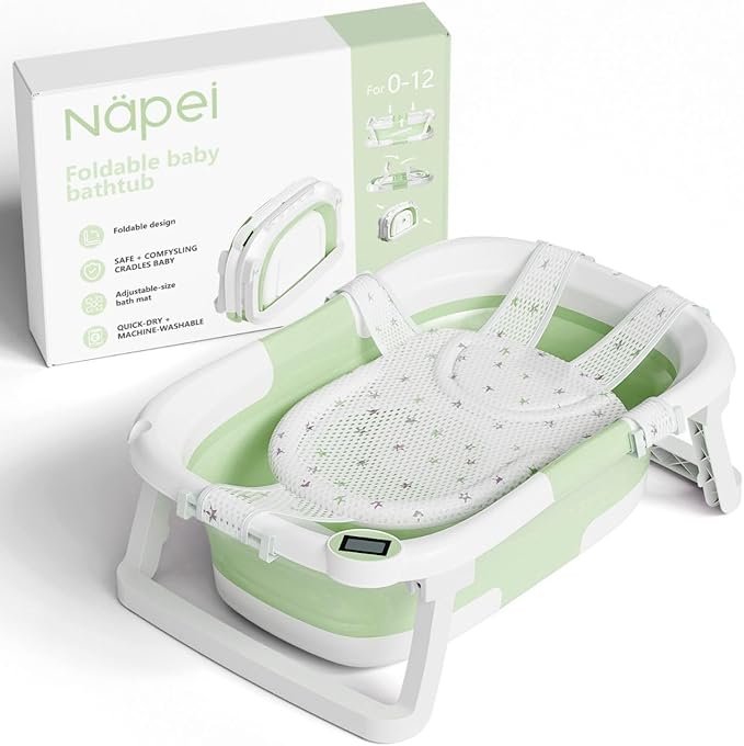 Collapsible Baby Bathtub,Baby Bath Tub with Soft Cushion & Thermometer,Baby Bathtub Newborn to Toddler 0-36 Months,Portable Travel Baby Tub-CubbioJoy