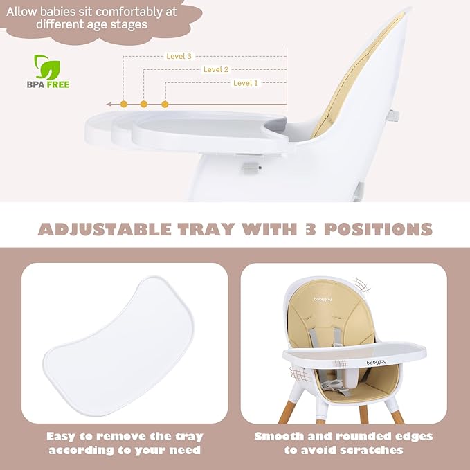 BABY JOY Convertible Baby High Chair, 3 in 1 Wooden Highchair/Booster/Chair with Removable Tray, Adjustable Legs, 5-Point Harness, PU Cushion and Footrest for Baby, Infants, Toddlers (Beige)-CubbioJoy