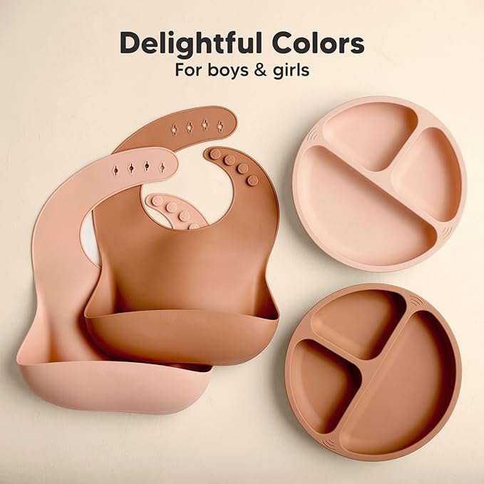 KeaBabies 2-Pack Silicone Baby Bibs for Eating - Sturdy Food-Grade Silicone Bibs for Babies Girl, Boy, Large Food Catcher, Clean & Put On Easily, Waterproof Toddler Feeding Essentials (Dusk)-CubbioJoy