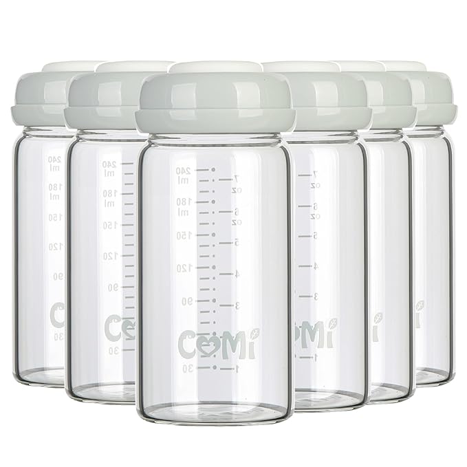 COMI Wide Neck Glass Breastmilk Collection n Storage Bottle, 8oz with Screw Ring Sealing Disk; Re-markable Sealing Disc. BPA Free, Fits Breast Pumps & Nipples (6 Gray Lids)-CubbioJoy
