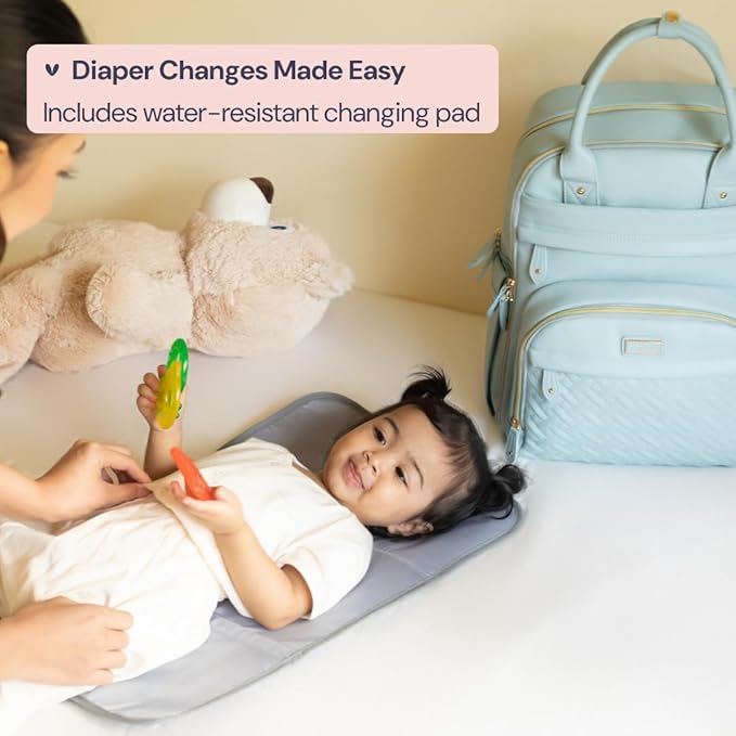 BabbleRoo Leather Diaper Bag Backpack - Baby Essentials Travel Baby Bag, Multi function, Waterproof, with Changing Pad, Stroller Straps & Pacifier Case – Unisex, Powder Blue-CubbioJoy