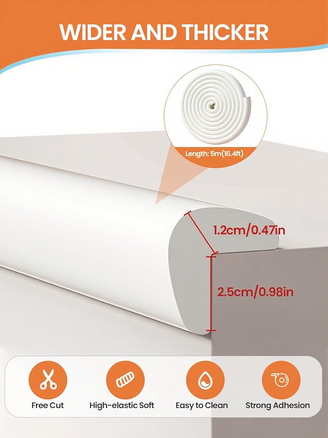 Baby Proof Edge Corner Protector, 16.4FT 0.47''Th L-Shape Furniture Corner & Edge Safety Bumpers with 10 Corners, Pre-Taped, Soft NBR Rubber Foam Desk Edge Cushion Wall Corner Protector (White)-CubbioJoy