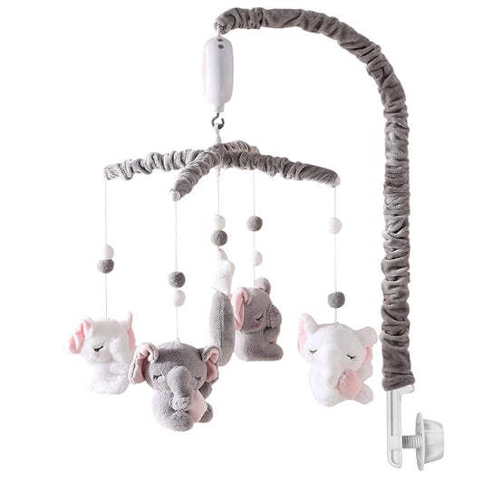 Baby Crib Mobile - Elephant Crib Mobile for Girls with 25 Inches Mobile Arm and 35 Lullabies Musical Box, 3 Modes Digital, Volume Control, Essential Gift for Infant Bedroom Hanging Decor-CubbioJoy