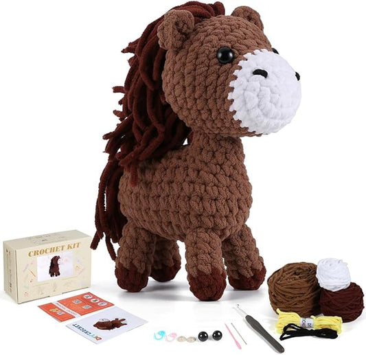 Crochet Animal Kit–10in Big Adorable HORSE, Amigurumi Crochet Kit For Intermediate Advanced level, Kids Knitting Kit With Detailed Videos Tutorials, Yarn, Crochet Hook, Best Gift For Crochet Lovers-CubbioJoy