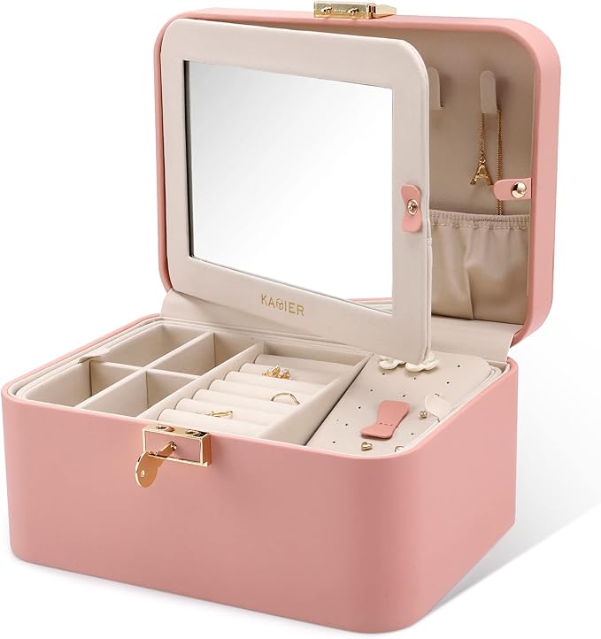 KAMIER Jewelry Boxes for Women, 2 Layers PU Leather Travel Jewelry Box, Large Capacity, Double Lock and Large Mirror, Hidden Necklace Hooks, Removable Dividers, Gift Box Packaging, Pink-CubbioJoy