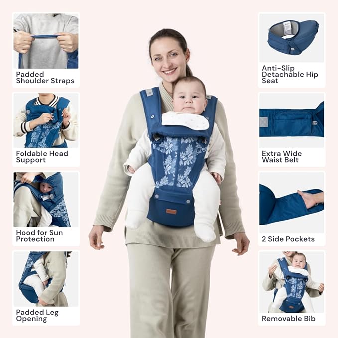 BabbleRoo Grow Carrier – Safety-Certified 6-in-1 Baby Carrier with Hip Seat, Ergonomic & Adjustable Toddler Carrier 7-50 lbs with Hip Support, Hood for Sun Protection, Newborn to Toddler, Denim Leaves-CubbioJoy