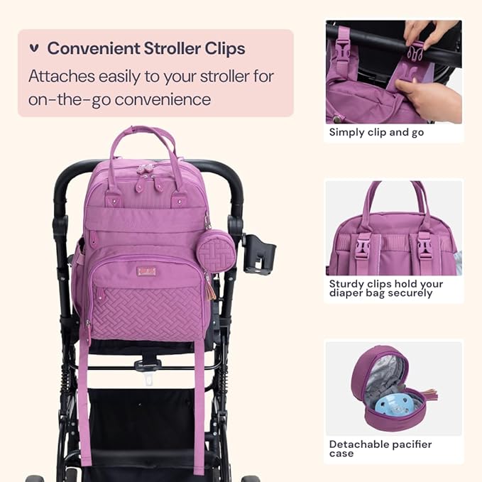 BabbleRoo Diaper Bag Backpack - Baby Essentials Travel Tote - Multi Function Waterproof Diaper Bag, Travel Essentials Baby Bag with Changing Pad, Stroller Straps & Pacifier Case - Unisex, Purple-CubbioJoy