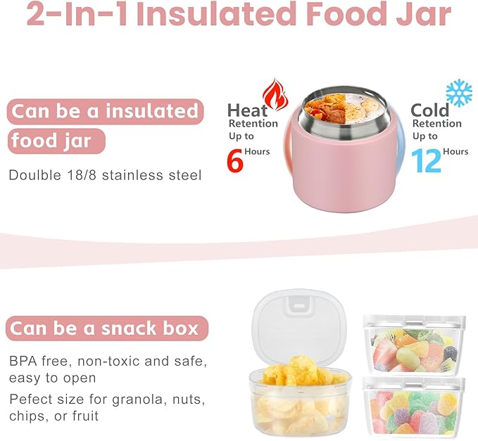 2-in-1 Insulated Food Jar & Snack Container - 15oz Kids Soup Thermos for Hot Food with Handle and Spoon, Leak Proof Reusable Toddler Snack Box, Perfect for School & Travel, Pink-CubbioJoy