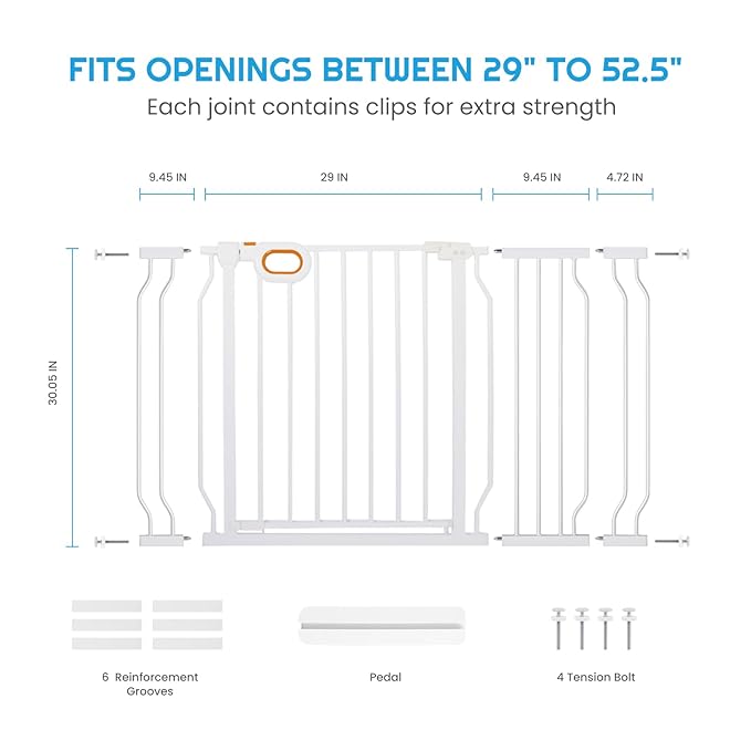 Baby Gate for Stairs 29-52 Inch Wide, Safety Gate for Baby Adjustable Pet Gate with Door Pressure Mounted Gates for Kids Toddler Dogs Extension Kit Indoor Stairway Doorway White (30.5'' Tall)-CubbioJoy