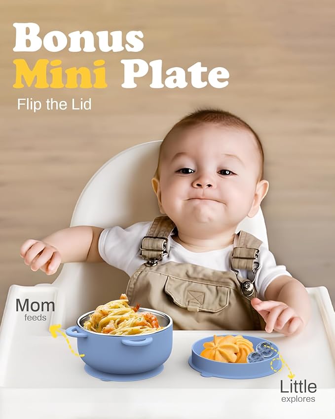 Baby Suction Bowls with Lids 4-Pack, 2-in-1 Stainless Steel 304 Toddler Bowl & Removable Silicone Suction Kids Bowl Plate Set Non Toxic Snack Dishes for Self-Feeding, Organic Bloom-CubbioJoy