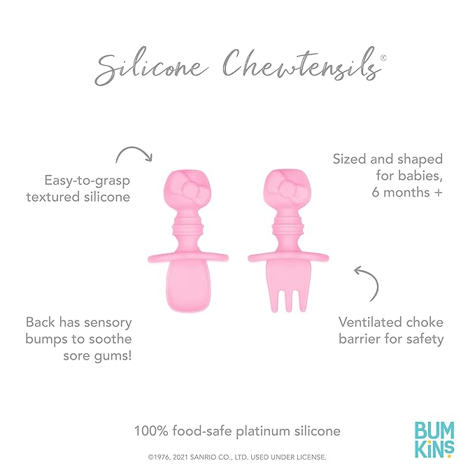 Bumkins Baby Utensils Set, Chewtensils Silicone Spoons for Dipping, Self-Feeding, Baby Led Weaning, Trainer Learning, First Stage Eating, Soft Practice Fork and Spoon, 6 Months, Hello Kitty Pink-CubbioJoy