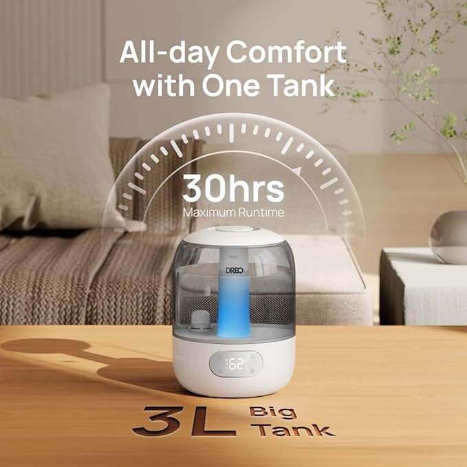Dreo Humidifiers for Bedroom, Cool Mist Ultrasonic Humidifiers with 30Hr Runtime, Top Fill 3L Tank, Easy Clean, Humidity Sensor, Night Light for Baby, Nursery, 360° Nozzle for Plants and Home, Grey-CubbioJoy