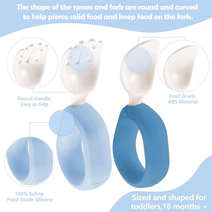 Baby Self Feeding Training Spoon and Fork Set with Travel Case, BPA-Free Cute Circle Toddler Training Utensils, Silicone/ABS Great Tableware Set Spoons Fork for Kids(Blue & Light blue)-CubbioJoy