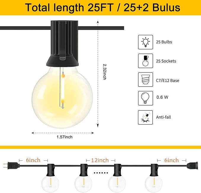 25Ft LED Outdoor String Lights Waterproof, Commercial Grade Patio String Lights with 27 G40 Warm White Bulbs, Hanging Outdoor Light for Backyard Wedding Garden Party Christmas Decorations-Black-CubbioJoy