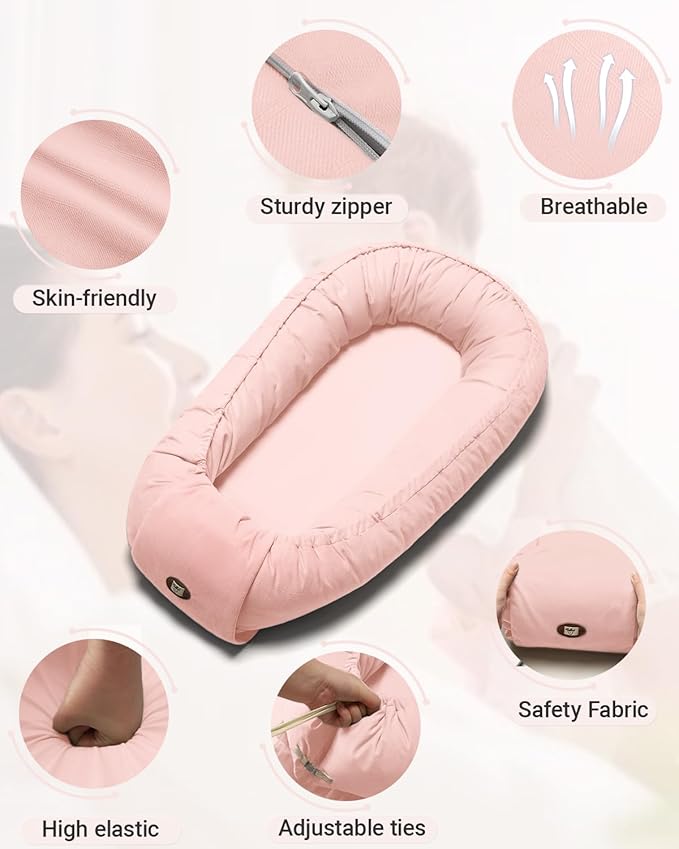 Baby Lounger for Newborn 0-24 Months, Breathable & Soft Infant Lounger, Adjustable Tummy Time Lounger for Home and Travel, Baby Girls & Boys Newborn Babies Essentials Stuff, Pink-CubbioJoy
