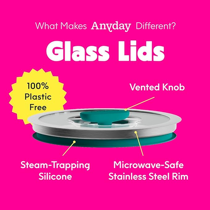 Anyday 4-Cup Microwave Cookware & Glass Container with Glass Lid, Plastic-Free Shallow Food Storage | Stackable Airtight Steamer with Vented Lid for Microwave-Safe Reheating, Steaming Vegetables-CubbioJoy
