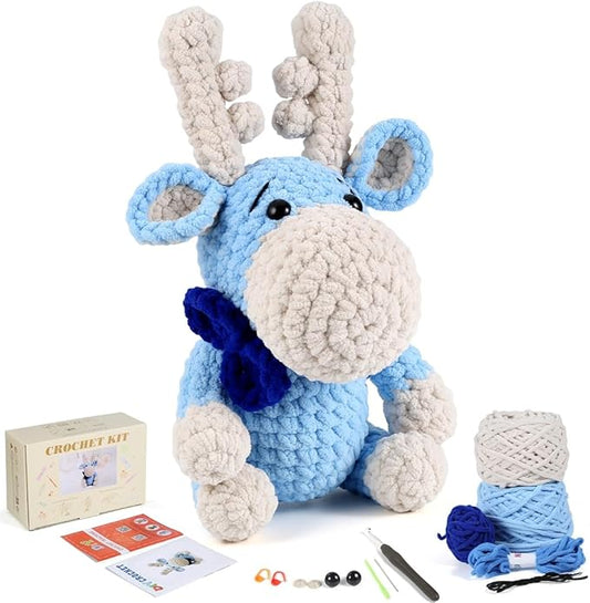 Crochet Animal Kit – 10in Adorable MOOSE, Amigurumi Crochet Kit For Intermediate Advanced level, Kids Knitting Kit with Detailed Videos Tutorials, Yarn, Crochet Hook, Best Gift For Crochet Lovers-CubbioJoy