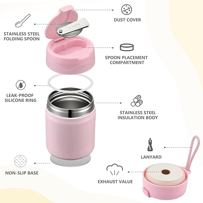 17oz Soup Thermo for Hot Food Kids Insulated Vacuum Food Jar with Stainless Steel Spoon Wide Mouth Thermo Leakproof Lunch Food Container Kids Hot Lunch Box (Pink)-CubbioJoy