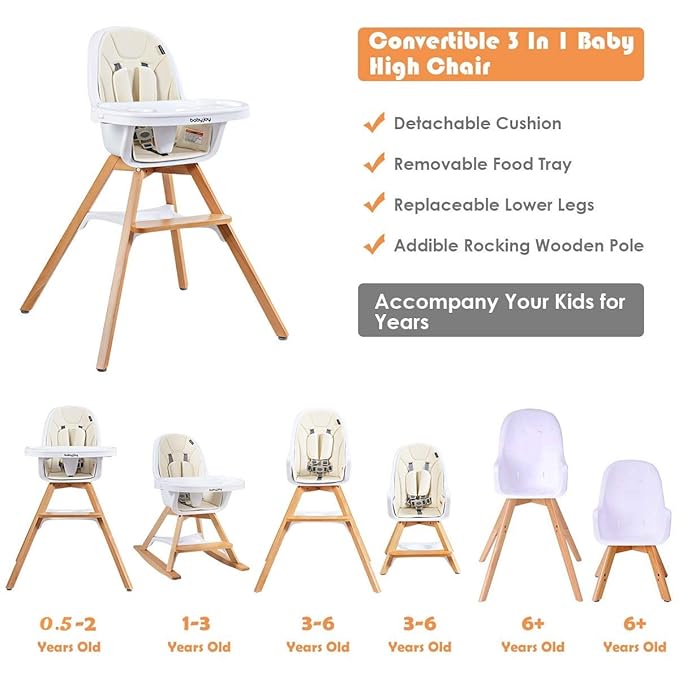 BABY JOY 3 in 1 High Chair, Baby Eat & Grow Convertible Wooden High Chair/Rocking Chair/Booster Seat/Toddler Chair, Infant Dining Chairs w/Double Removable Tray, 5-Point Seat Belt & PU Cushion, Beige-CubbioJoy