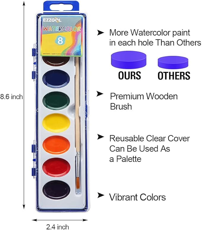 24 Count Watercolor Paints, 8 Colors, Washable, Non-Toxic, Perfect for Kids 3+-CubbioJoy
