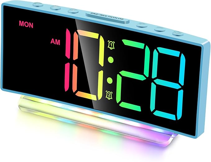 Cadmos Loud Alarm Clock for Heavy Sleepers Adults,Kids,Teens,Digital Desk Clock with USB Port,Large Numbers,7 Color Night Light,Modern Electronic Plug in Simple Clock for Bedroom(Blue+Dynamic)-CubbioJoy