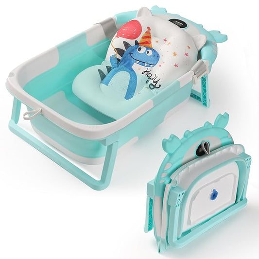 Baby Bathtub,Collapsible Baby Bath Tub with Thermometer & Soft Floating Cushion,Portable Travel Baby Bathtubs for Newborns to Toddlers 0-36 Months(Crab Green)-CubbioJoy