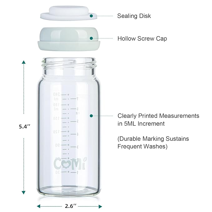 COMI Wide Neck Glass Breastmilk Collection n Storage Bottle, 8oz with Screw Ring Sealing Disk; Re-markable Sealing Disc. BPA Free, Fits Breast Pumps & Nipples (2 Gray Lids)-CubbioJoy