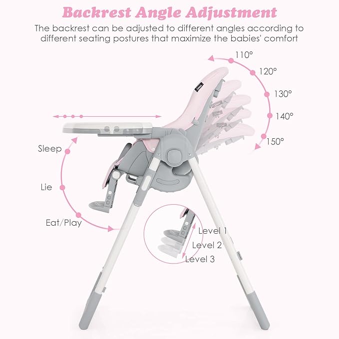 INFANS High Chair for Babies & Toddlers, Foldable Highchair with Multiple Adjustable Backrest, Footrest and Seat Height, Removable Tray, Detachable PU Leather Cushion, Built-in Rear Wheels (Pink)-CubbioJoy