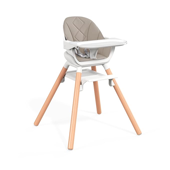 Baby High Chair, Highchair for Baby & Toddler, Easy Clean Infant Highchair, 6 in 1 Feeding High Chair with Removable Double Tray and Waterproof PU Cushion, Wooden Legs, Champagne-CubbioJoy