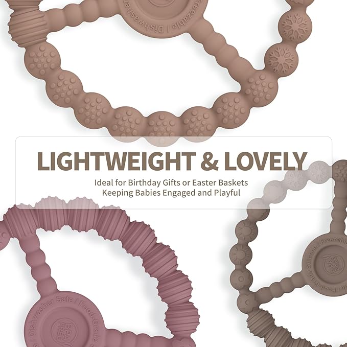 3 Pack Baby Teething Toys 3-6 Months, Silicone Ring Teethers for Babies 6-12 Months, Freezer Safe Chew Toy with Textured Grip for Boys Girls Teething Relief, Infant Easter Gift (Clay DustyRose Brown)-CubbioJoy
