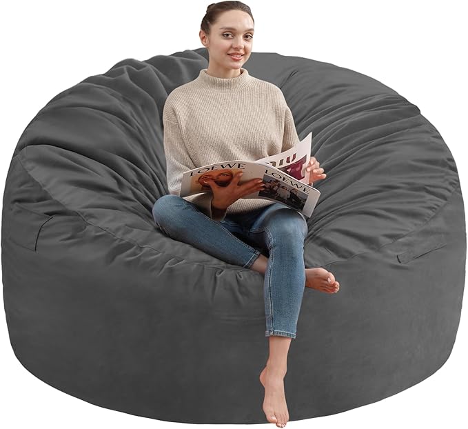 6FT Bean Bag Chair, Large Bean Bag Chairs with Memory Foam Filled, Fluffy Beanbag Sofa with Dutch Velvet Cover, Round BeanBag Chairs for Living Room, Playroom - Grey-CubbioJoy