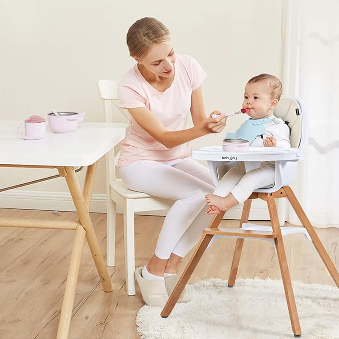BABY JOY 3 in 1 High Chair, Baby Eat & Grow Convertible Wooden High Chair/Rocking Chair/Booster Seat/Toddler Chair, Infant Dining Chairs w/Double Removable Tray, 5-Point Seat Belt & PU Cushion, Beige-CubbioJoy