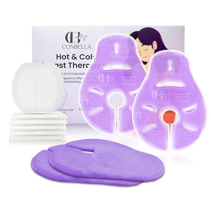 2 Larger Breast Ice Packs with Soft Covers and 6 Breast Pads for Leaking Milk, Hot and Cold Breast Therapy Packs, Breastfeeding Essentials for Relief of Clogged Ducts, Nipple Pain, Engorgement-CubbioJoy