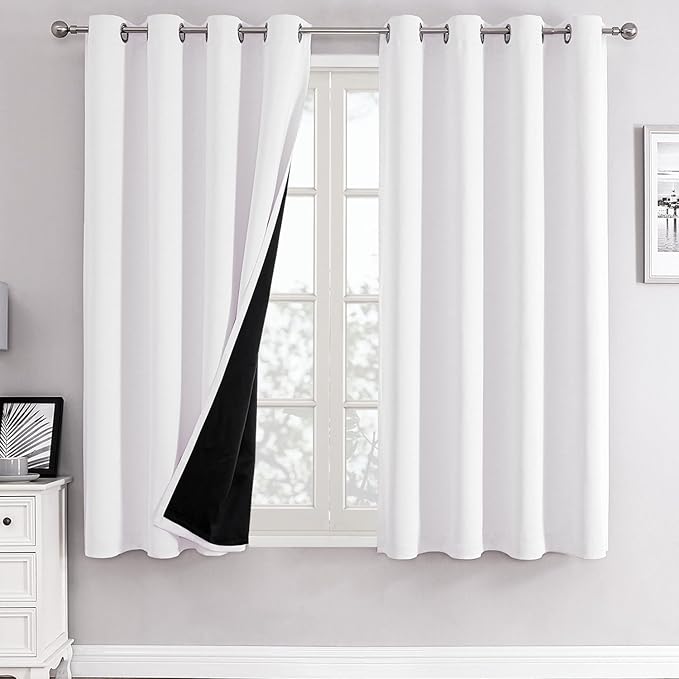 ChrisDowa White 100% Blackout Curtains for Bedroom with Black Liner, 2 Thick Layers Total Blackout Thermal Insulated Grommet Window Curtains 2 Panels Set (Pure White, 52 x 63 Inch)-CubbioJoy