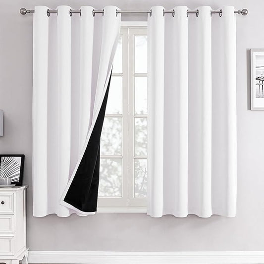ChrisDowa White 100% Blackout Curtains for Bedroom with Black Liner, 2 Thick Layers Total Blackout Thermal Insulated Grommet Window Curtains 2 Panels Set (Pure White, 52 x 63 Inch)-CubbioJoy