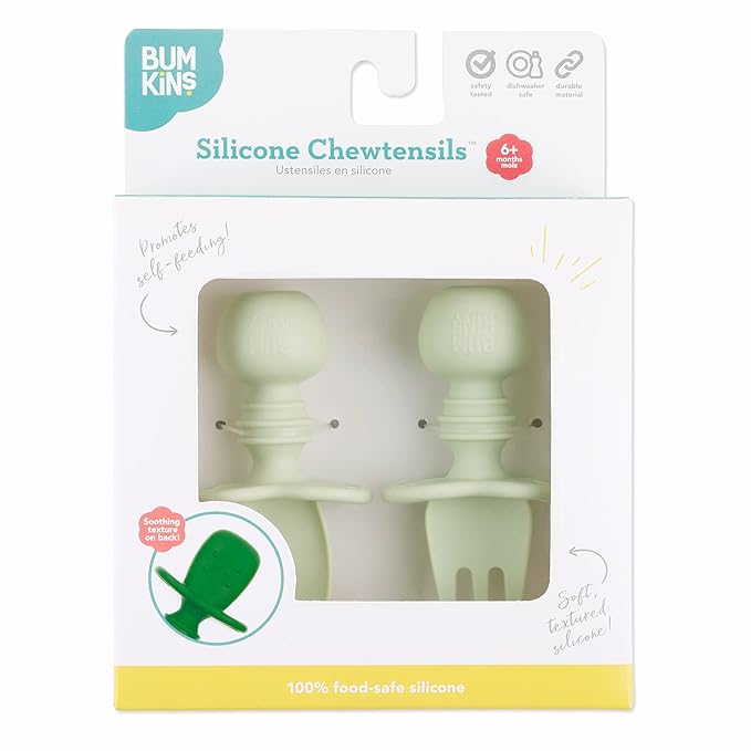 Bumkins Baby Utensils Set, Chewtensils Silicone Spoons for Dipping, Self-Feeding, Baby Led Weaning, Trainer Learning, First Stage Eating, Soft Practice Fork and Spoon, Babies 6 Months, Sage Green-CubbioJoy