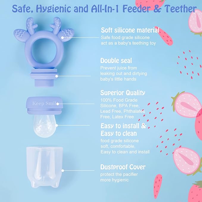 Baby Solids/Frozen Fruit Feeder Pacifier, Infant Teether Toy 4M+, BPA-Free Silicone Pouch & Nipple, Safely Introduce Solids, Teething Relief, 2-Pack (Deer - Green Purple, S/M/L)-CubbioJoy