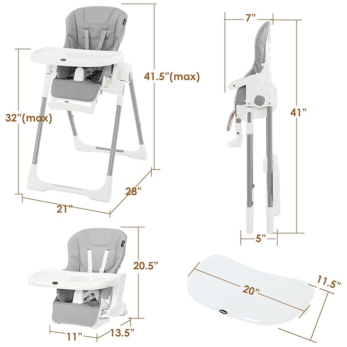 INFANS High Chair for Babies & Toddlers, Foldable Highchair with Multiple Adjustable Backrest Footrest Seat Height, Removable Tray, Detachable PU Leather Cushion Wheels (with Booster, Light Grey)-CubbioJoy