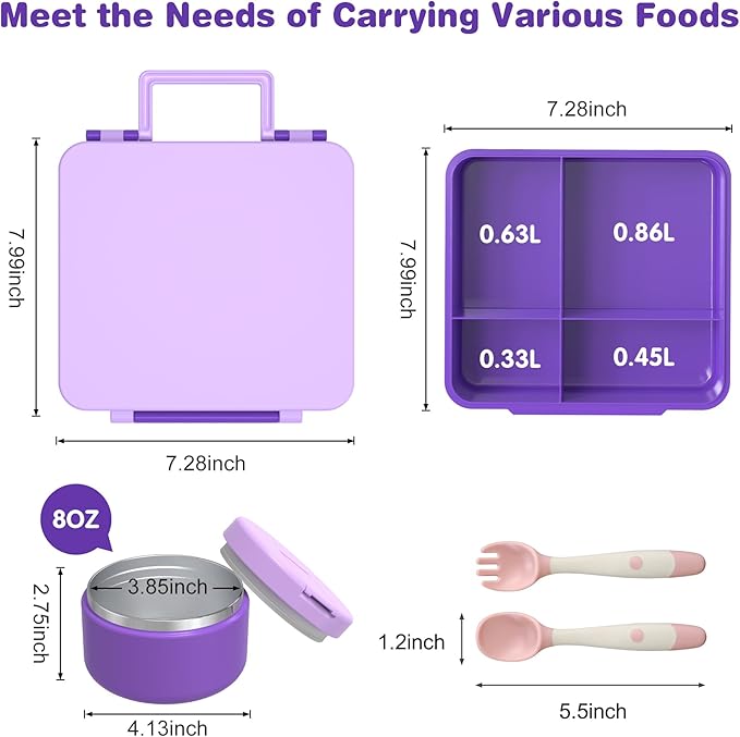 Bento Lunch Box with 8oz Soup Thermo, Kids Leakproof Lunch Food Containers with 4 Compartment, Kids Thermo Insulated Hot Food Jar for School, Trvael (Purple)-CubbioJoy