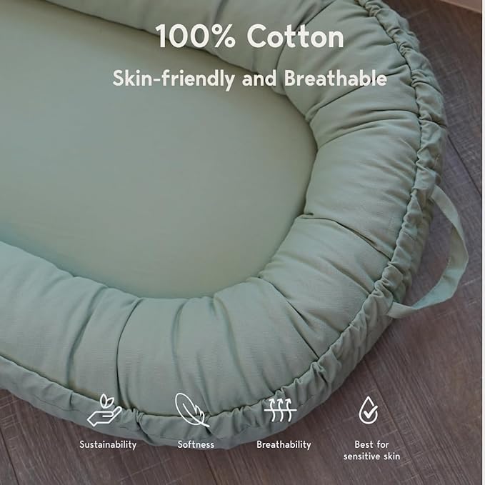 Infant Lounger, Baby Nest Cover for Baby Girls & Boys, Newborn Essentials for Baby 0-18 Months, 100% Cotton Breathable (Spring Green)-CubbioJoy