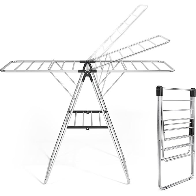 APEXCHASER Clothes Drying Rack, Drying Rack Clothing with Height-Adjustable, Foldable Gullwings Laundry Rack, Indoor Outdoor Use, No Assembly,Black-CubbioJoy