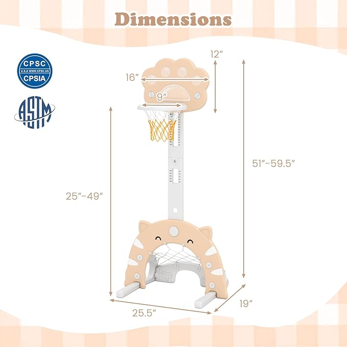 Costzon 3 in 1 Toddler Basketball Hoop, Height Adjustable Kids Sports Center w/Foldable Basketball, Soccer & Golf Game, Indoor Outdoor Activity Playset w/Foldable Rim, Gift for Children Baby Infant-CubbioJoy