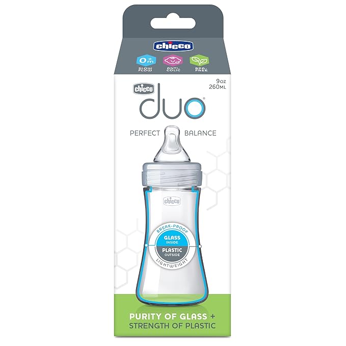 Chicco Duo 9oz. Hybrid Baby Bottle with Invinci-Glass Inside and Plastic Outside | Dishwasher, Bottle Warmer, and Electric Sterilizer Safe | Intui-Latch Nipple | Clear/Grey-CubbioJoy